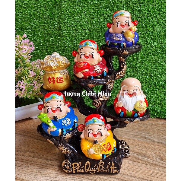 Bộ Ngũ Phúc 7cm kèm túi vàng Hảo Vận và đế Phú Quý Bình An